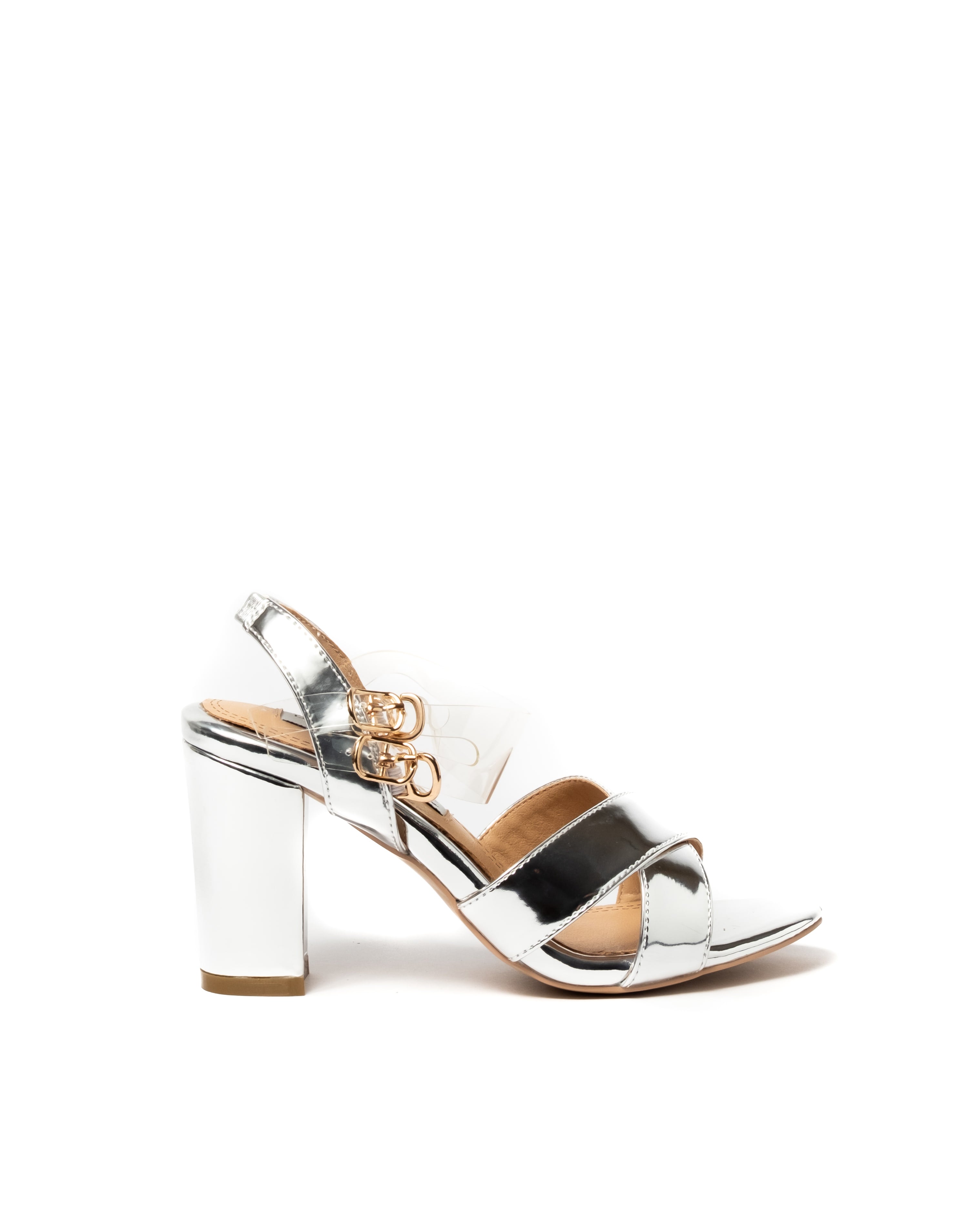 Low Chunky Heel Chrome Silver